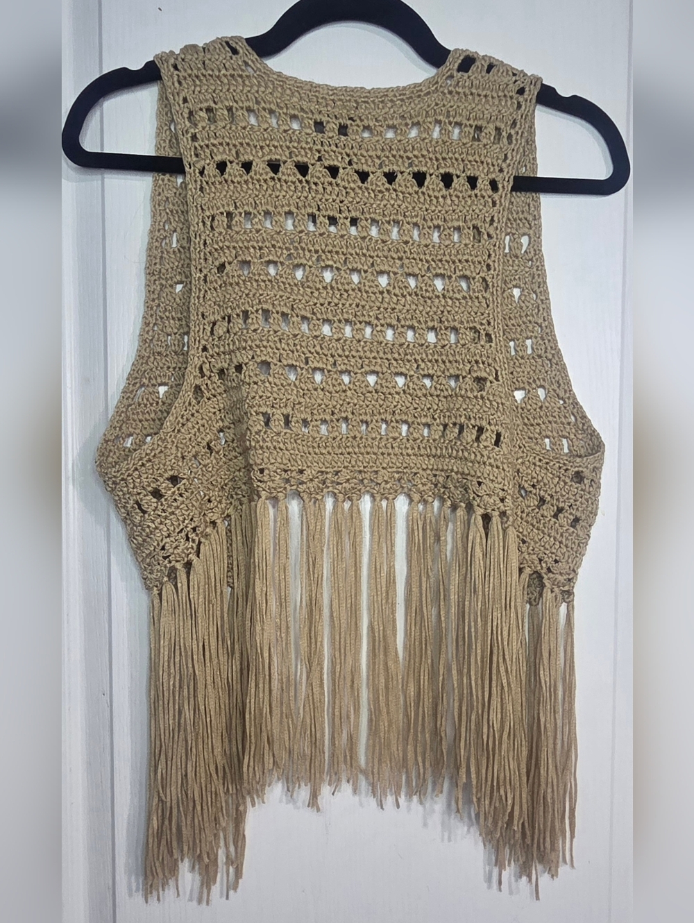 Boho Fringe Crochet Vest Tan Size Small - Picture 2 of 5